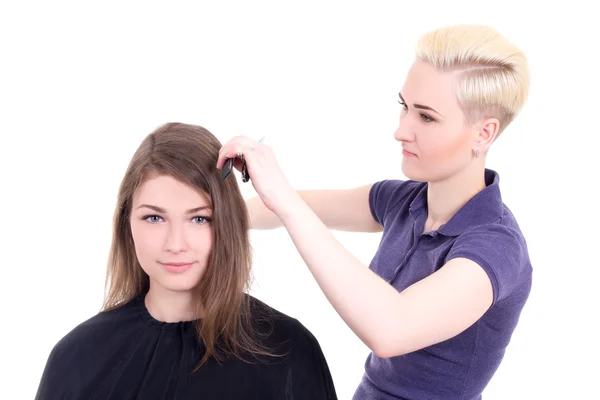 Молода красива жінка зачіска стиліст з клієнтом ізольована на білому — стокове фото