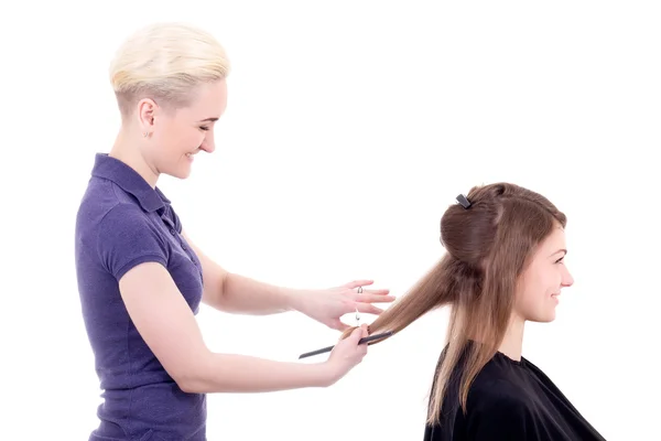 Young beautiful blonde woman hair stylist with client isolated o — Stock Photo, Image