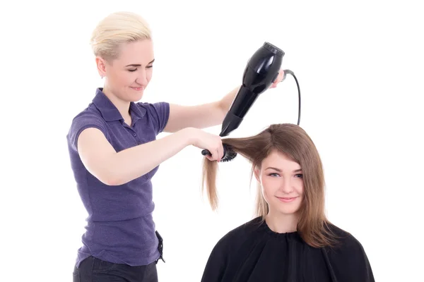 Estilista mujer feliz haciendo el corte de pelo al cliente aislado en whi — Foto de Stock