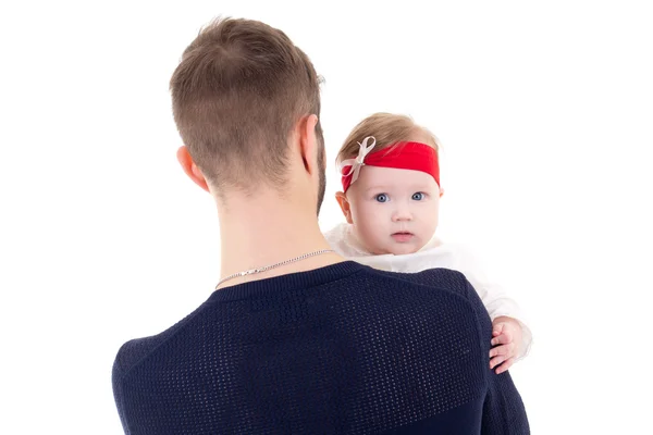 Achteraanzicht van jonge vader houden dochtertje geïsoleerd op wh — Stockfoto