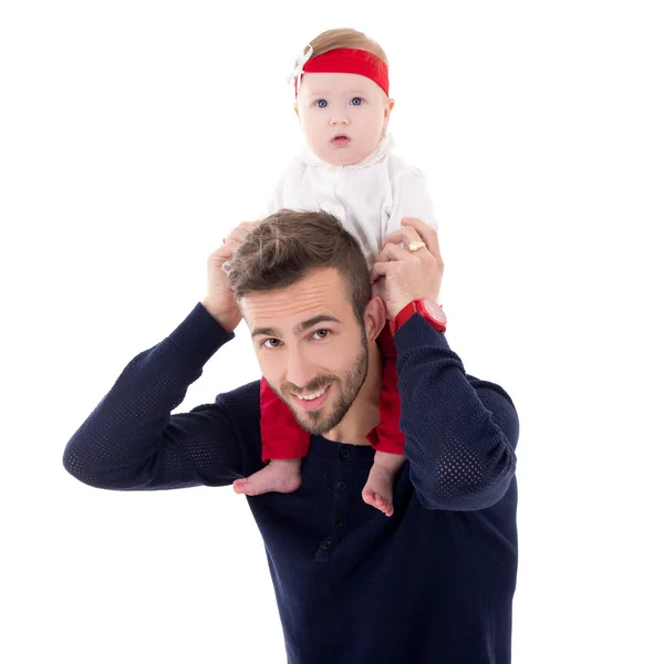 Feliz joven padre con hija pequeña sentada en sus hombros —  Fotos de Stock