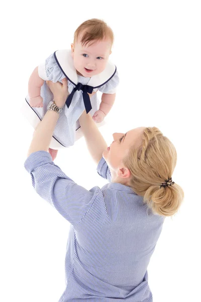 Glad ung mamma leker med lilla dotter isolerad på whit — Stockfoto