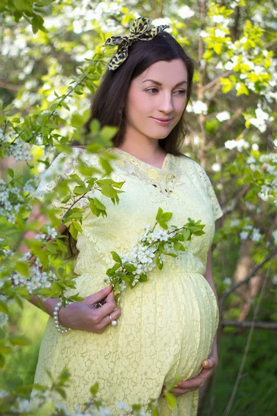 Vackra gravid kvinna gå i blommande körsbärsträd trädgård — Stockfoto