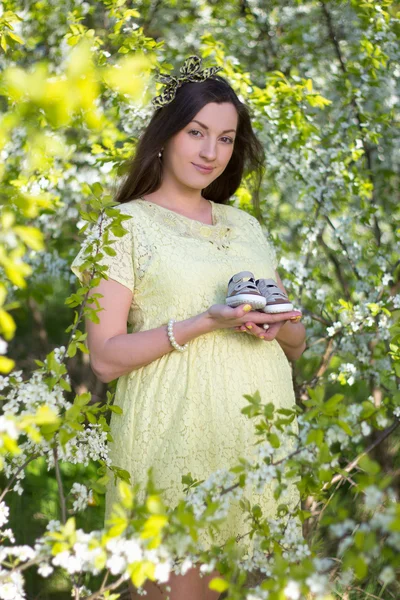 Schöne schwangere Frau hält kleine Schuhe in blühende Kirsche Stockbild