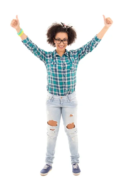 Happy beautiful african american teenage girl thumbs up isolated — Stock Photo, Image