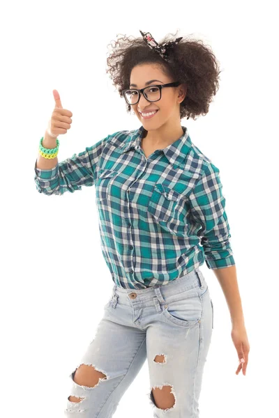 Ritratto di bella ragazza adolescente afroamericano felice thumbs — Foto Stock
