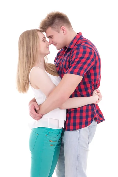 Primer amor concepto - hombre joven y mujer besos aislados en whi — Foto de Stock
