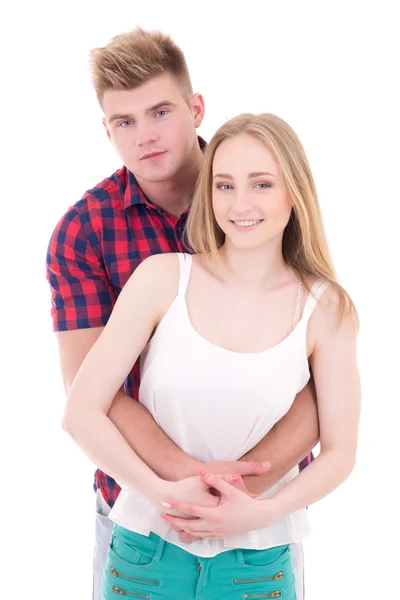 Konzept - erste Liebe, glücklich, junger Mann und Frau isoliert auf weiss — Stockfoto
