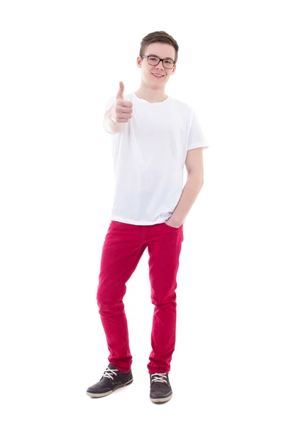 Full length portrait of young man thumbs up isolated on white — Stock Photo, Image