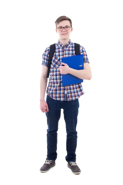 Portret van knappe tiener met rugzak en boek geïsoleerd — Stockfoto