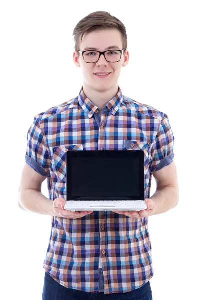 Portrait of handsome teenage boy holding laptop with blank scree — Stock Photo, Image