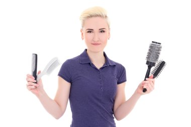 beautiful woman hairdresser isolated on white