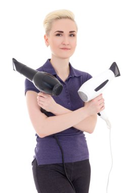 beautiful woman hair stylist with hairdryers isolated on white
