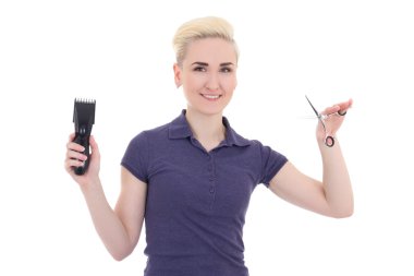happy young beautiful woman hair stylist with hair trimmer and s