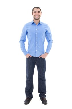 w izole mavi gömlek gülümseyen yakışıklı Arapça iş adamı