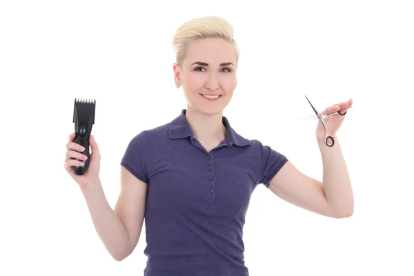 Happy young beautiful woman hair stylist with hair trimmer and s — Stock Fotó