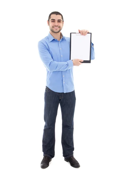 Handsome bearded arabic man showing clipboard with copy space is — Stock Photo, Image