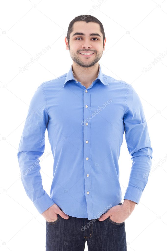 handsome arabic business man in blue shirt isolated on white