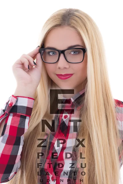 Portrait of blondie woman in eyeglasses with eye test chart — Stock Photo, Image