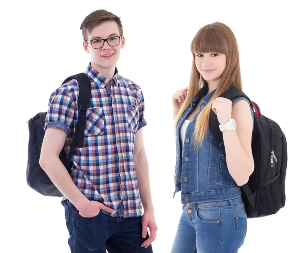 School concept - handsome teenage boy and beautiful girl with ba — Stock Photo, Image