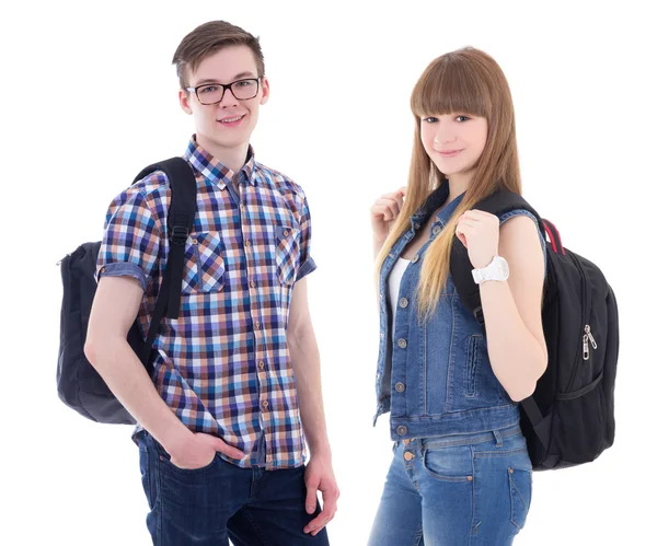 Schulkonzept - hübscher teenage junge und schöne Mädchen mit ba — Stockfoto