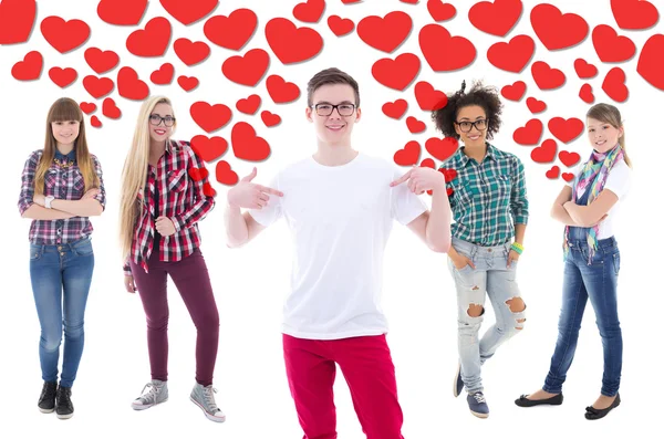 Popular teenage boy and teenage girls in love over white — Stock Photo, Image