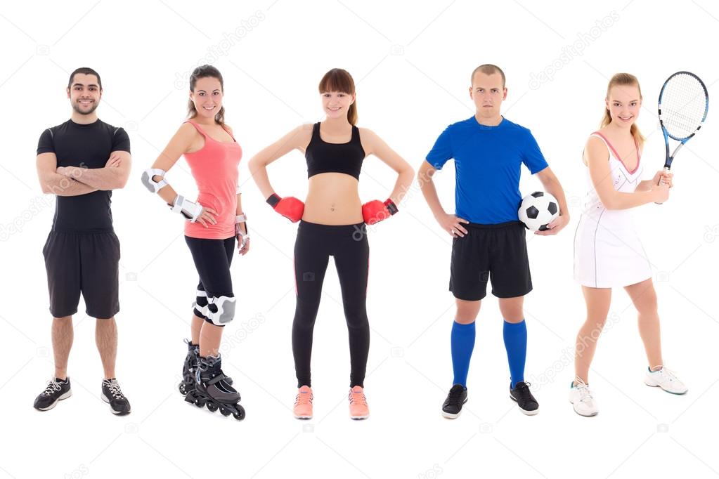 different sports concept - young people in spotswear over white