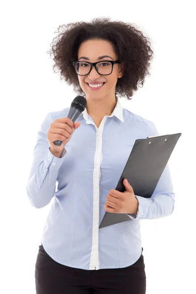 Young african american female reporter with microphone taking in — Stock Photo, Image