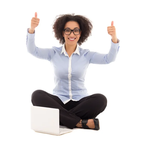 Happy beautiful african american business woman sitting with lap — Stock Photo, Image