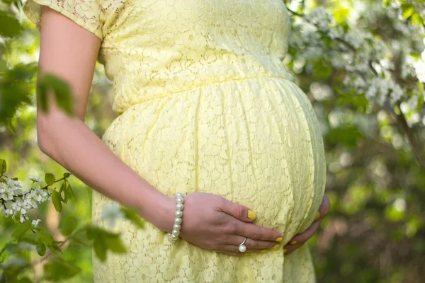 Cerca del vientre de la mujer embarazada en floreciente jardín de primavera —  Fotos de Stock