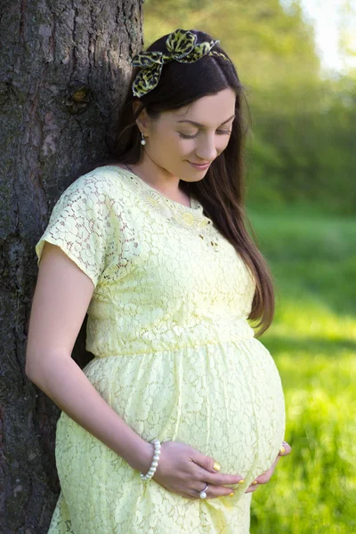 Portret pięknej kobiety w ciąży stojący w pobliżu drzewa w f — Zdjęcie stockowe