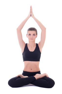 Yoga, meditasyon - lotus oturan genç güzel kadın poz izole üzerinde w
