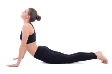 genç kadın üzerinde beyaz izole germe egzersizleri yapıyor