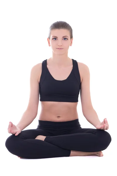 Beautiful woman doing yoga in lotus pose isolated on white — Stock Photo, Image