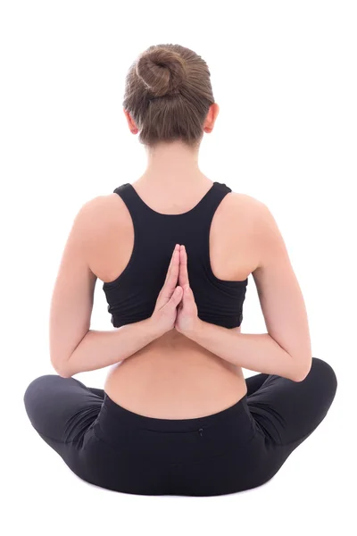 Back view of young woman doing yoga isolated on white — Stock Photo, Image