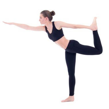 beyaz izole yoga poz duran ince kadın yan görünüm