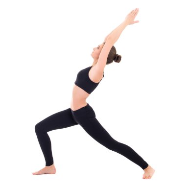 beyaz izole yoga poz duran genç kadın yan görünüm