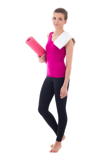 Toung beautiful slim woman with yoga mat isolated on white — Stock Photo, Image