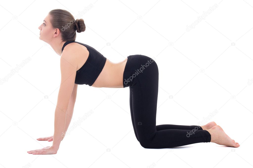 attractive woman doing yoga isolated on white