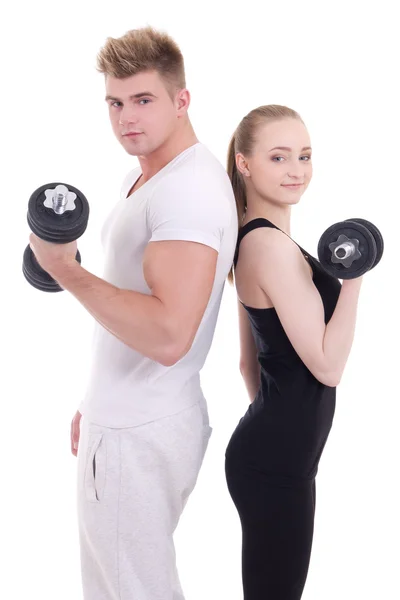 Mann und Frau in Sportkleidung, die Übungen mit Hanteln isola — Stockfoto