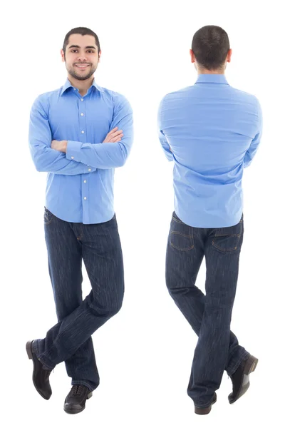 Front and back view of young arabic business man in blue shirt i — Stock Photo, Image