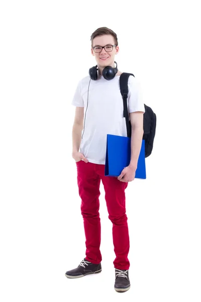 Pohledný dospívající chlapec s batohem a sluchátka izolovaných na wh — Stock fotografie