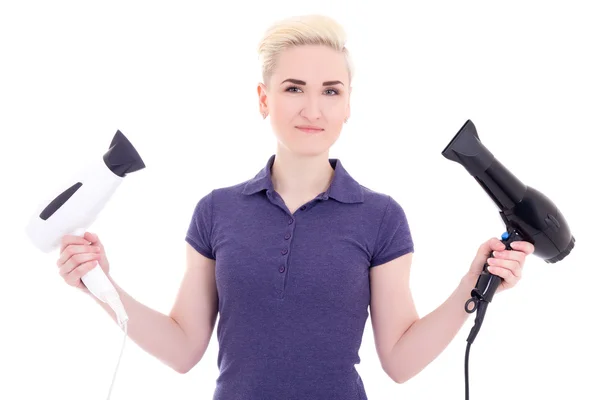 Young beautiful woman hair stylist with hairdryers isolated on w — Stock Photo, Image