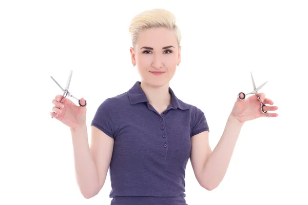 Mooie vrouw Haarstylist met een schaar geïsoleerd op wit — Stockfoto