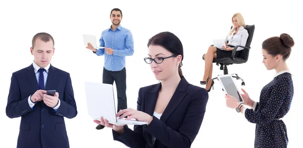 Young business people with mobile phones and computers isolated — Stock Photo, Image