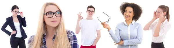 Ophthalmology concept - young people in glasses isolated on whit — Stock Photo, Image