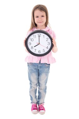 time concept - cute little girl holding office clock isolated on