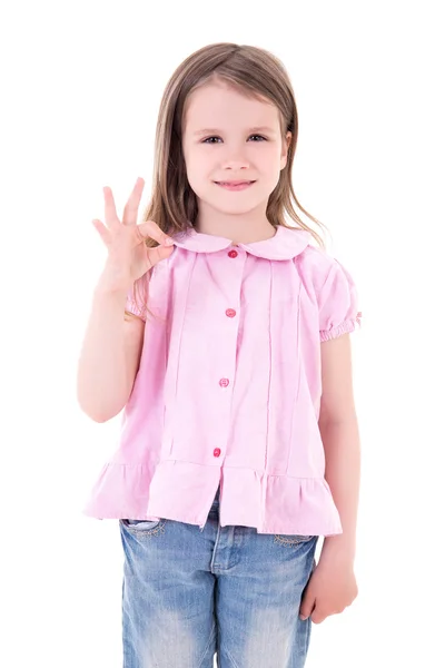 Портрет мило очень маленькая девочка показывает нормально знак на — стоковое фото