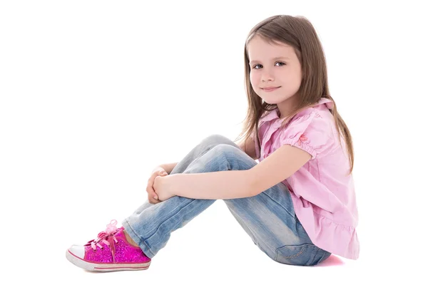 Little girl sitting isolated on white — Stock Photo, Image