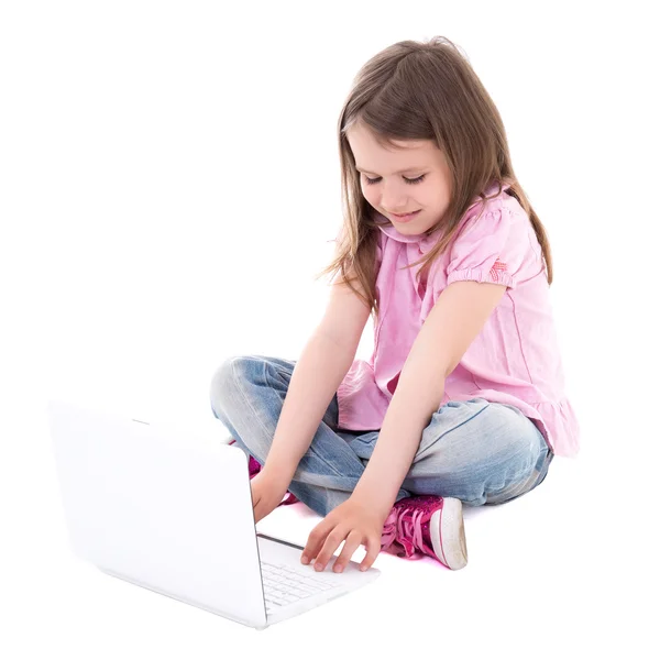 Cute little girl with laptop isolated on white — 图库照片